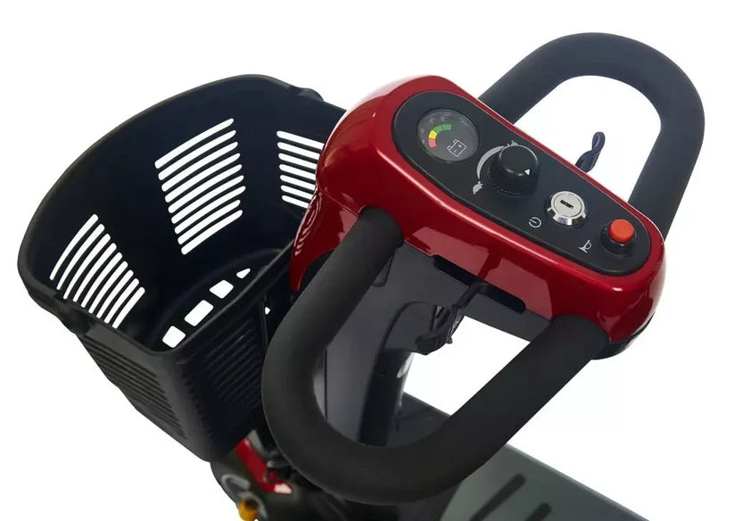 Buzzaround LX Luxury 3-Wheel mobility scooter handlebar with control panel and front basket