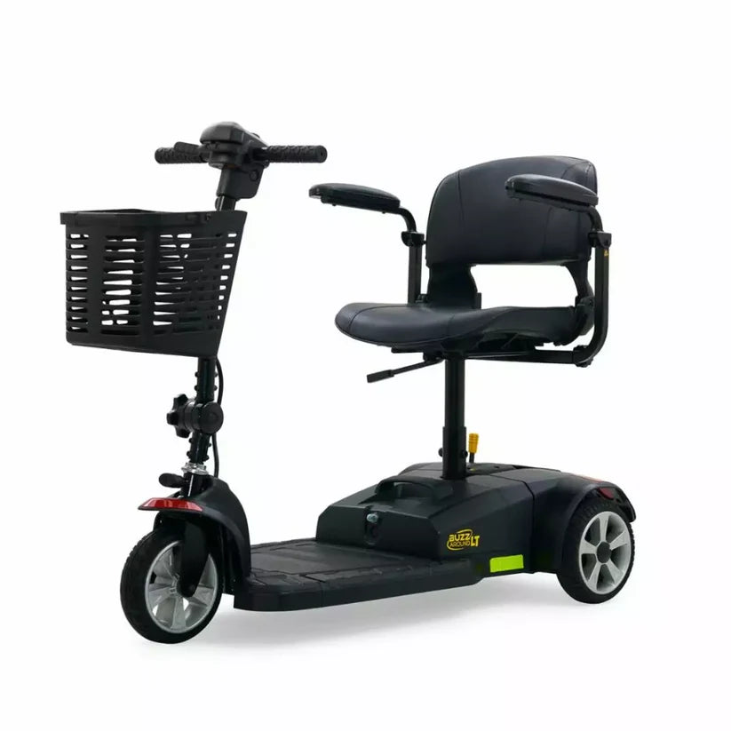 Golden Technologies Buzzaround LT 3-Wheel Mobility Scooter in black with front basket and padded seat