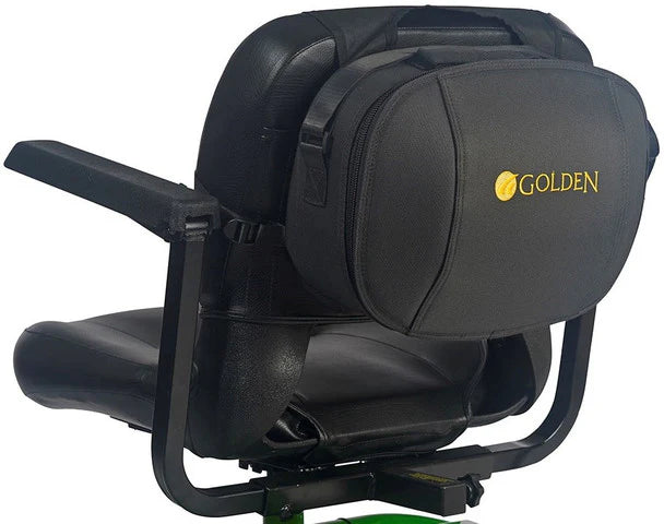 Golden Technologies Buzzaround LT 3-Wheel Mobility Scooter black cushioned seat with armrests and rear storage bag