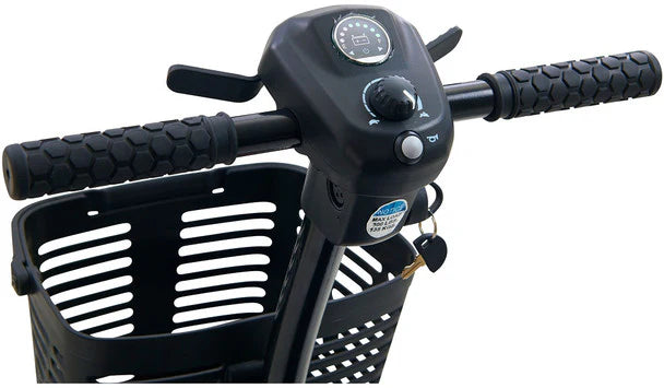 Close-up of Golden Technologies Buzzaround LT 3-Wheel Mobility Scooter handlebars and control panel with attached basket