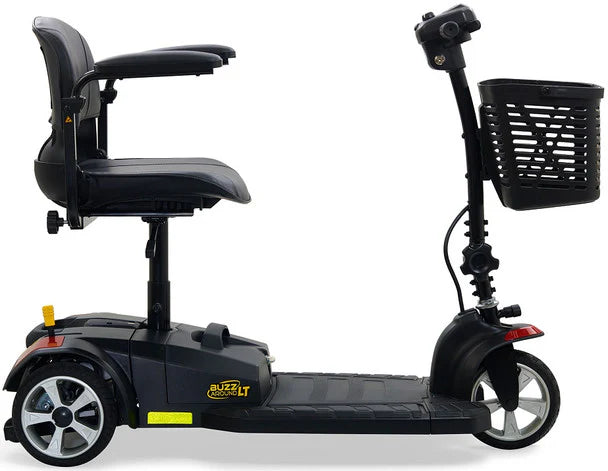 Golden Technologies Buzzaround LT 3-Wheel Mobility Scooter in black with adjustable seat and front basket