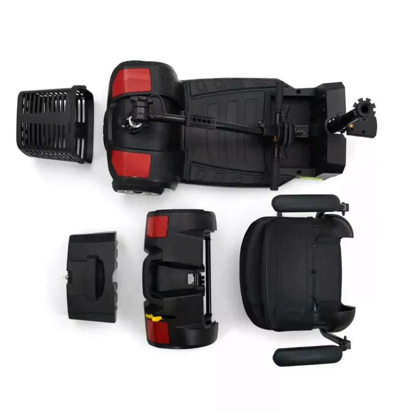 Golden Technologies Buzzaround LT 4-Wheel Mobility Scooter disassembled into base, seat, battery, and basket components