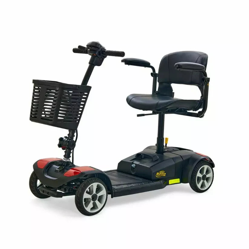 Golden Technologies Buzzaround LT 4-Wheel Mobility Scooter in black with front basket and padded seat
