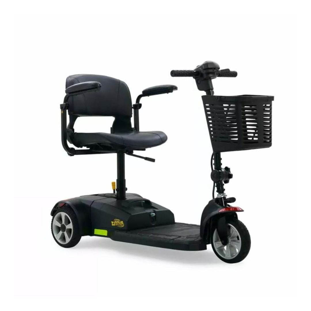 Golden Technologies Buzzaround LT 4-Wheel Mobility Scooter in black with comfortable seat and front basket