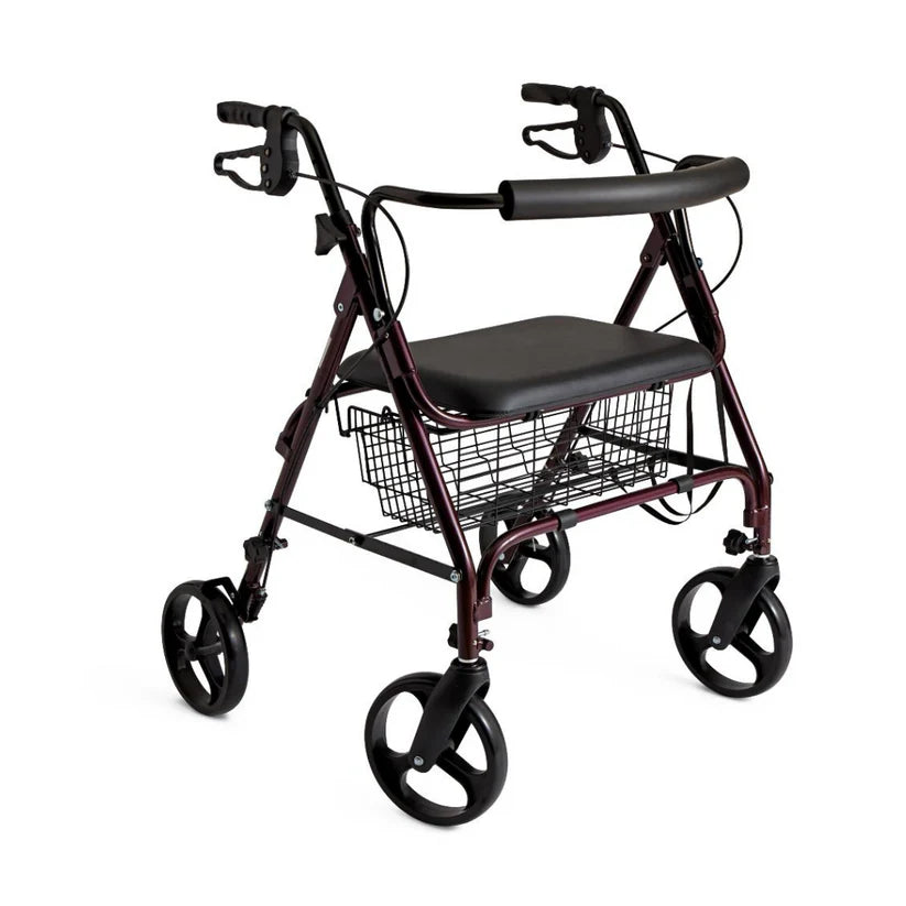 Medline Heavy Duty Rollator with large wheels, padded seat, and storage basket for mobility support