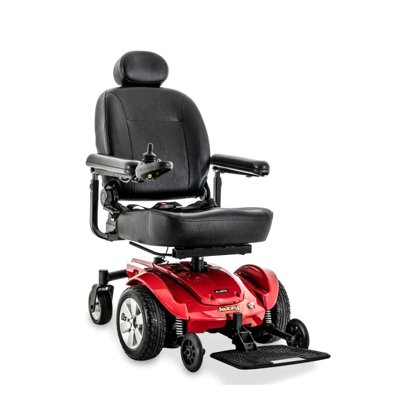 Pride Jazzy Select power wheelchair with black cushioned seat and red base for mobility assistance