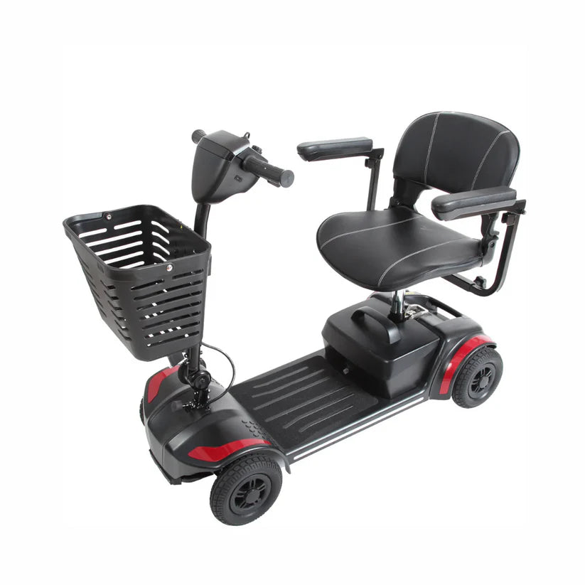 Journey Adventure 4 Wheel Mobility Scooter in black with padded seat and front basket for easy transport