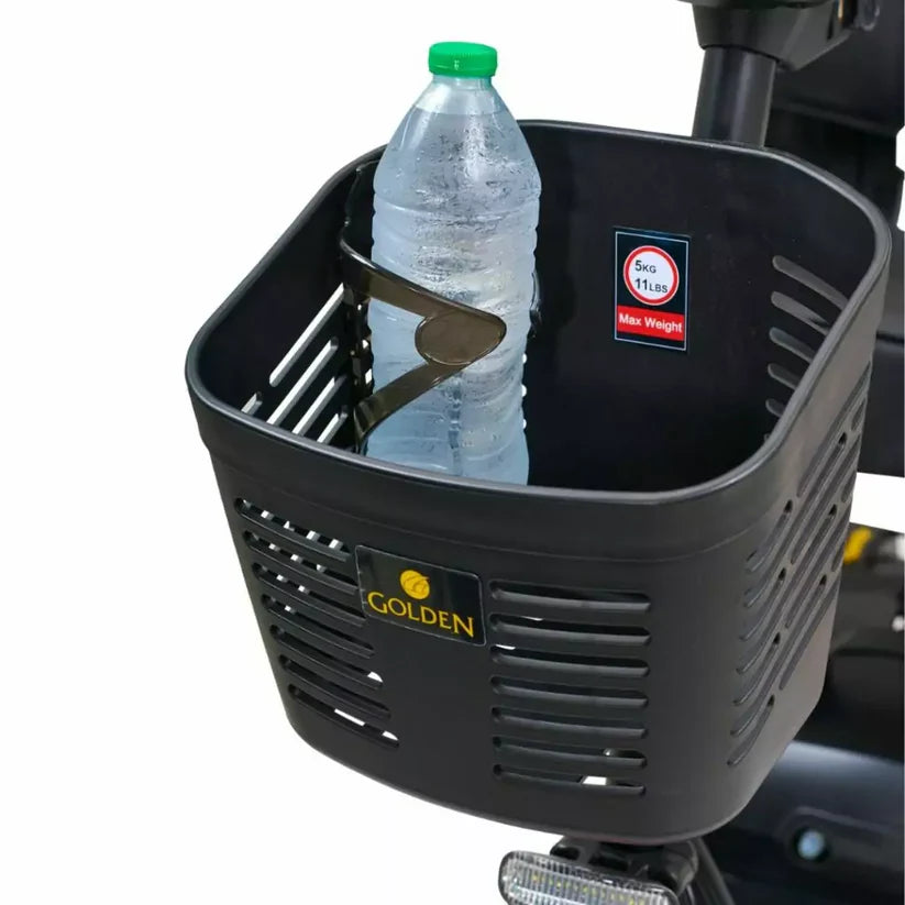 Golden Technologies LiteRider 4-Wheel Mobility Scooter black front basket with water bottle holder and max weight label