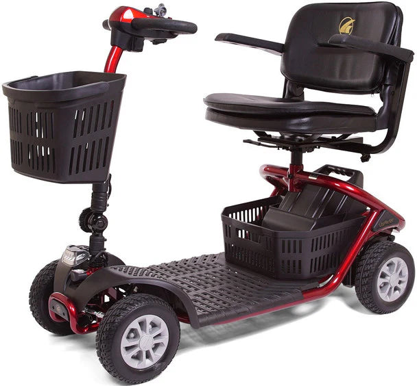 Golden Technologies LiteRider 4-Wheel Mobility Scooter in red with black seat and front and rear baskets