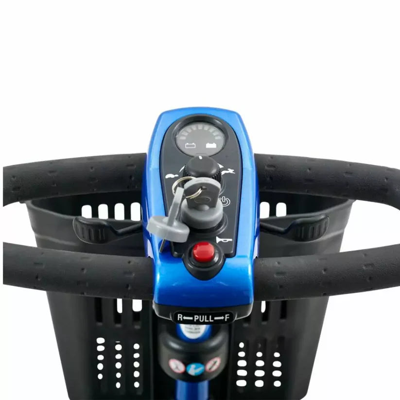 Control panel and handlebars of Golden Technologies LiteRider 4-Wheel Mobility Scooter in blue