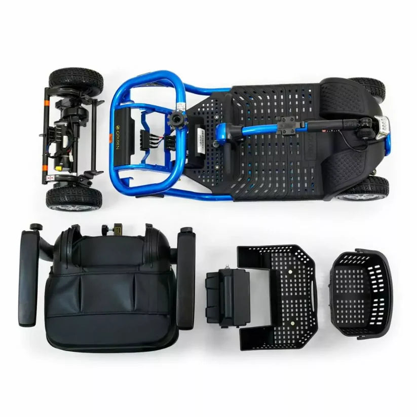 Golden Technologies LiteRider 4-Wheel Mobility Scooter disassembled showing frame, seat, and storage baskets