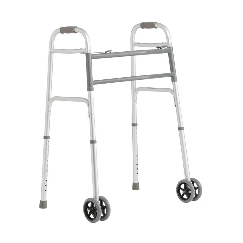 Medline Bariatric 2 Button Folding Walker with sturdy aluminum frame and front wheels for easy mobility