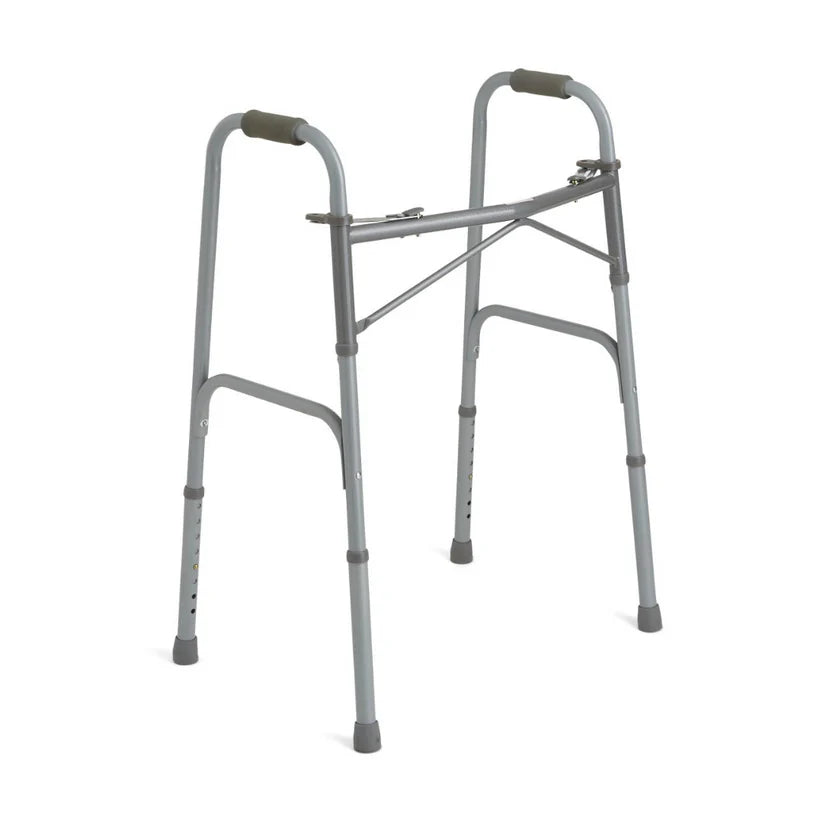 Medline Bariatric 2 Button Standard Folding Walker in gray with padded hand grips and adjustable height