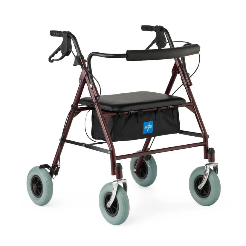 Medline Standard Bariatric Heavy Duty Rollator with four large wheels and padded seat for sturdy mobility support