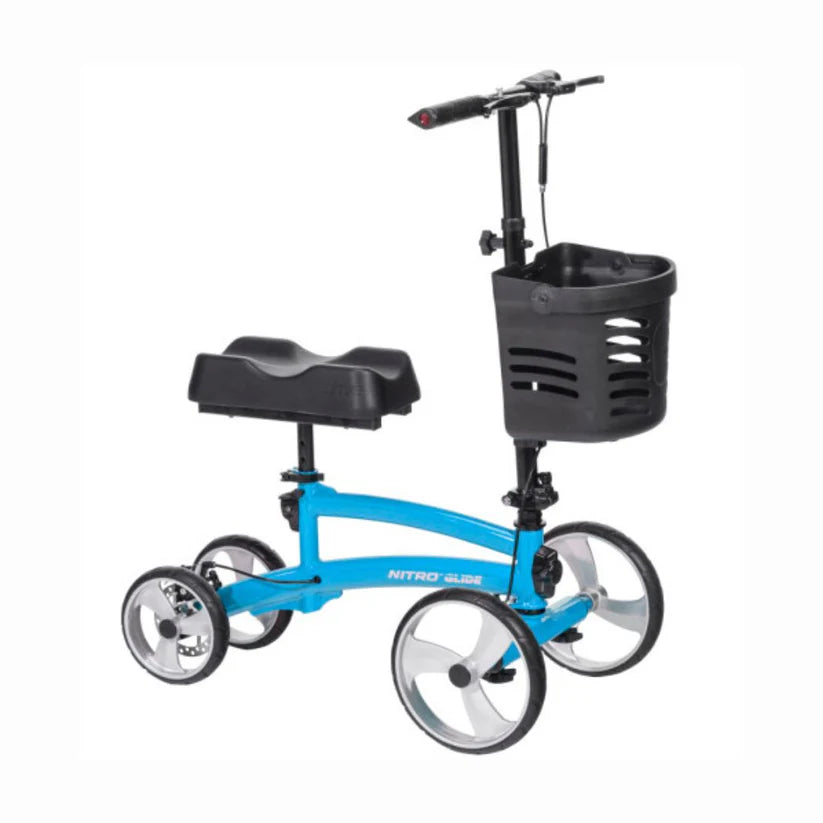 Drive Medical Nitro Glide Knee Walker in blue with black padded knee rest and front basket