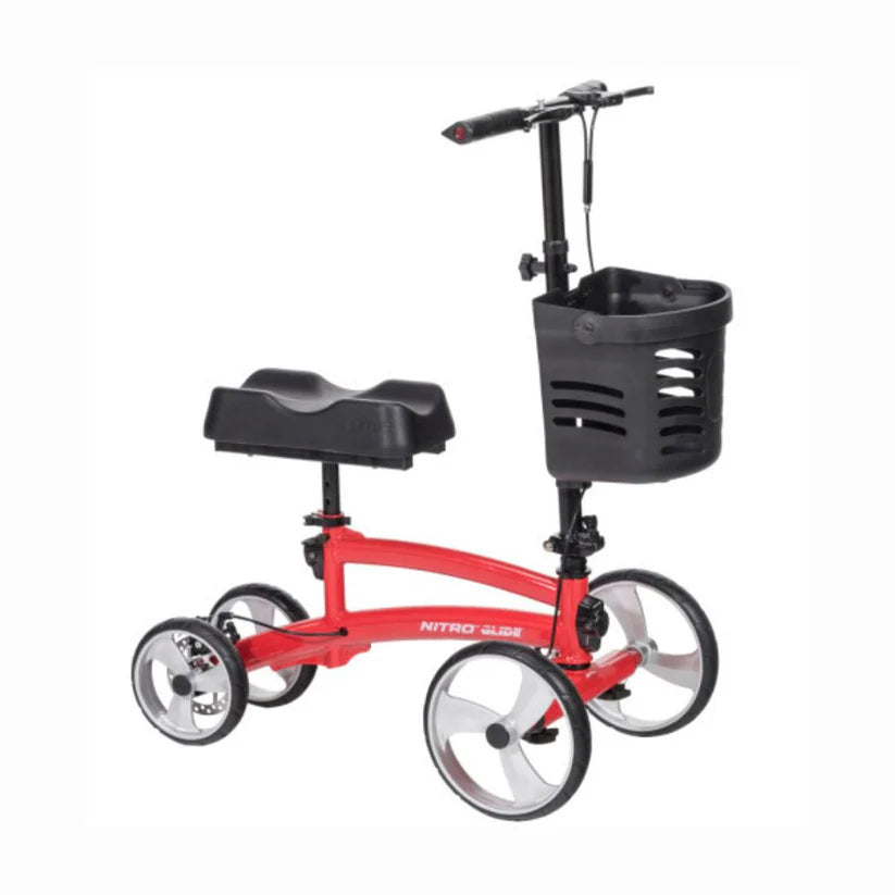 Drive Medical Nitro Glide Knee Walker in red with padded seat and front storage basket