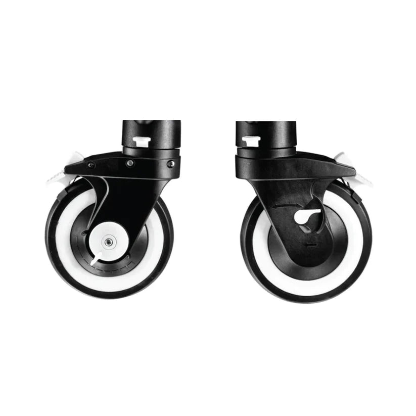 Pair of black caster wheels for Circle Specialty Pivot Gait Trainer with locking mechanism