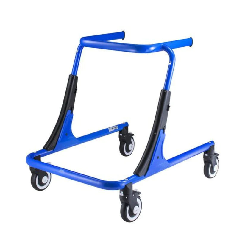 Circle Specialty blue and black Pivot Gait Trainer with four caster wheels for mobility support