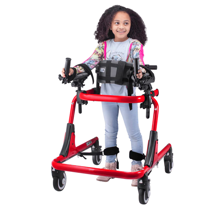 Child using a red Circle Specialty Pivot Gait Trainer with supportive harness and adjustable handles