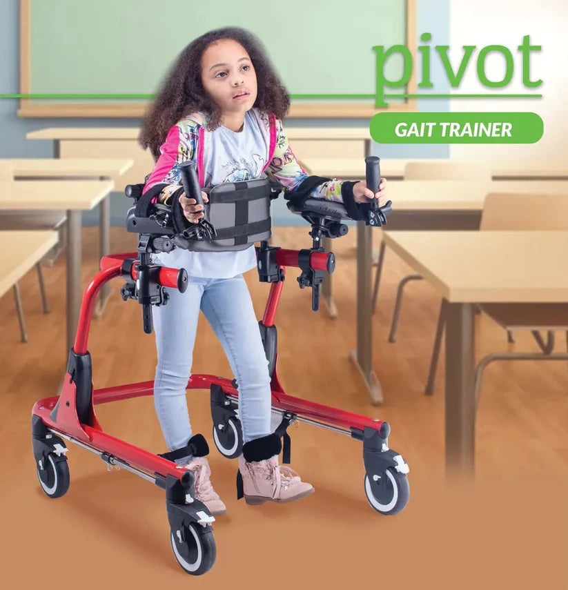 Child using Circle Specialty Pivot Gait Trainer red frame with support for mobility in classroom