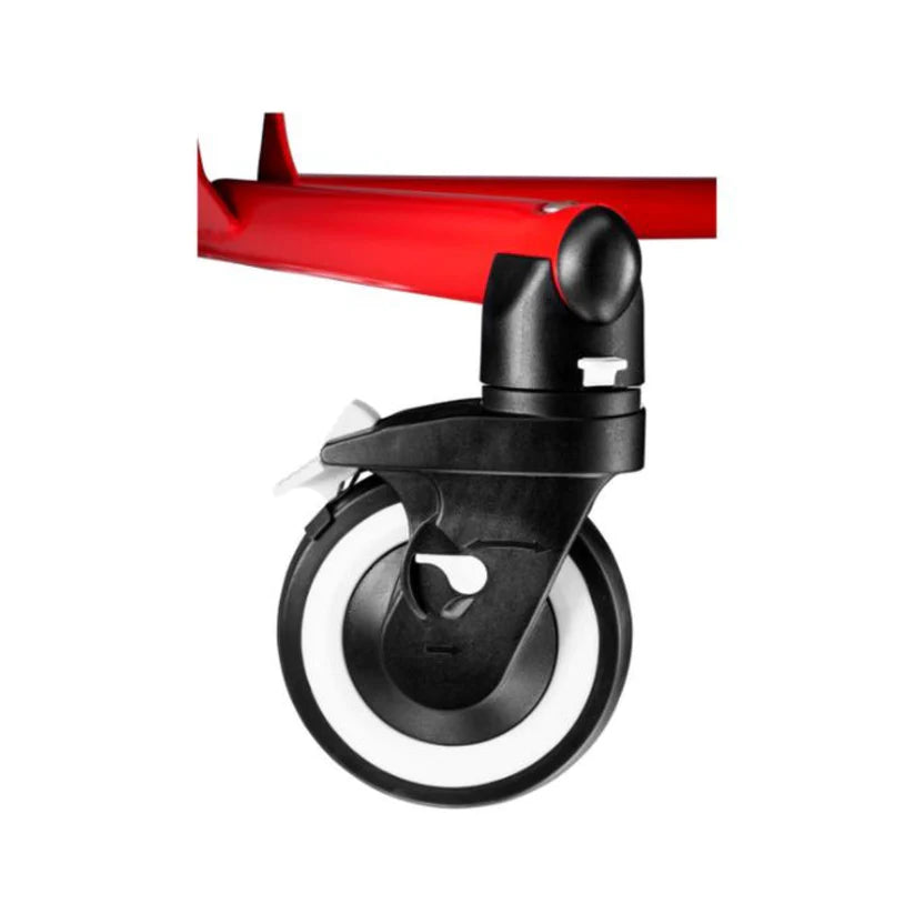 Close-up of black wheel and red frame component of Circle Specialty Pivot Gait Trainer