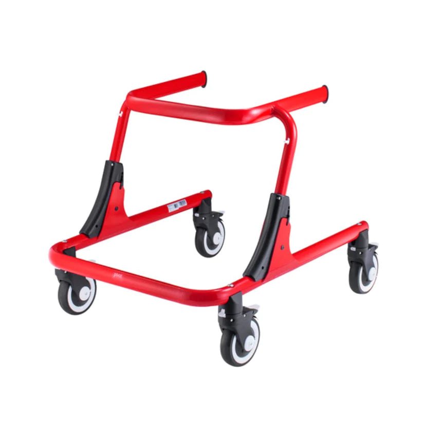 Circle Specialty red metal frame Pivot Gait Trainer with four caster wheels for mobility support
