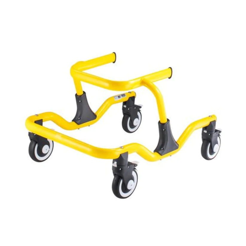 Circle Specialty yellow Pivot Gait Trainer with four black and white caster wheels for mobility support