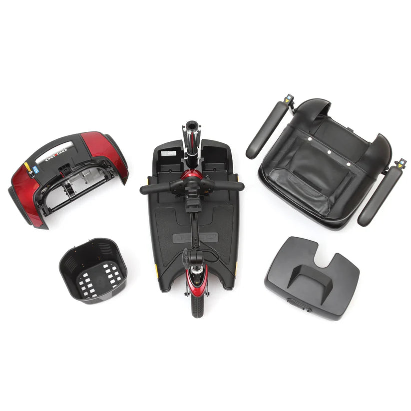 Pride Mobility Go Go Elite Traveller 3-Wheel scooter disassembled into seat, base, basket, and rear panel parts