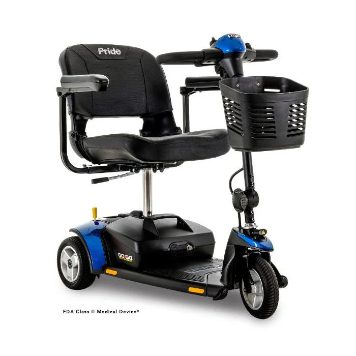Pride Mobility Go Go Elite Traveller 3-Wheel scooter in black and blue with front basket and padded seat
