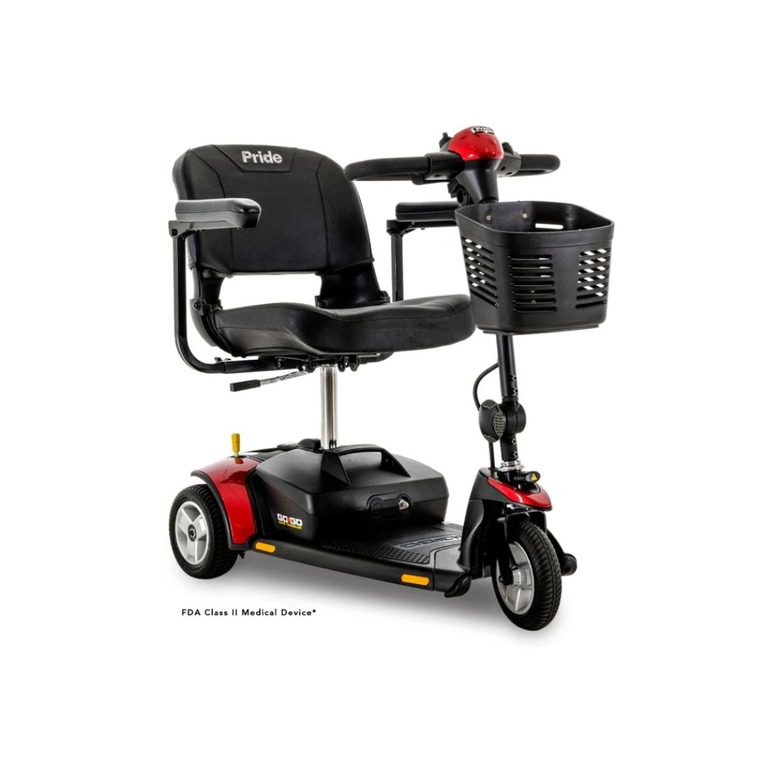 Pride Mobility Go Go Elite Traveller 3-Wheel mobility scooter in black and red with front basket and padded seat