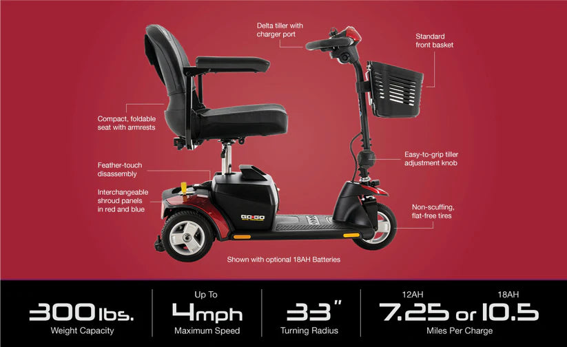 Pride Mobility Go Go Elite Traveller 3-Wheel scooter with foldable seat, front basket, and delta tiller