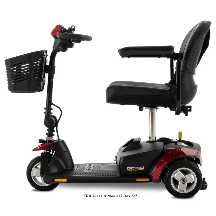 Pride Mobility Go Go Elite Traveller 3-Wheel compact mobility scooter with black seat and basket