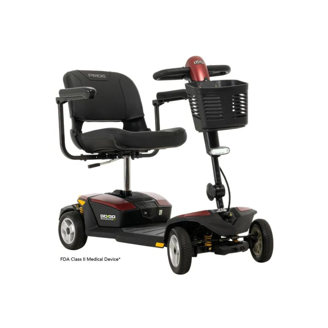 Pride Mobility Go-Go Endurance Li three-wheel mobility scooter with black seat and front storage basket