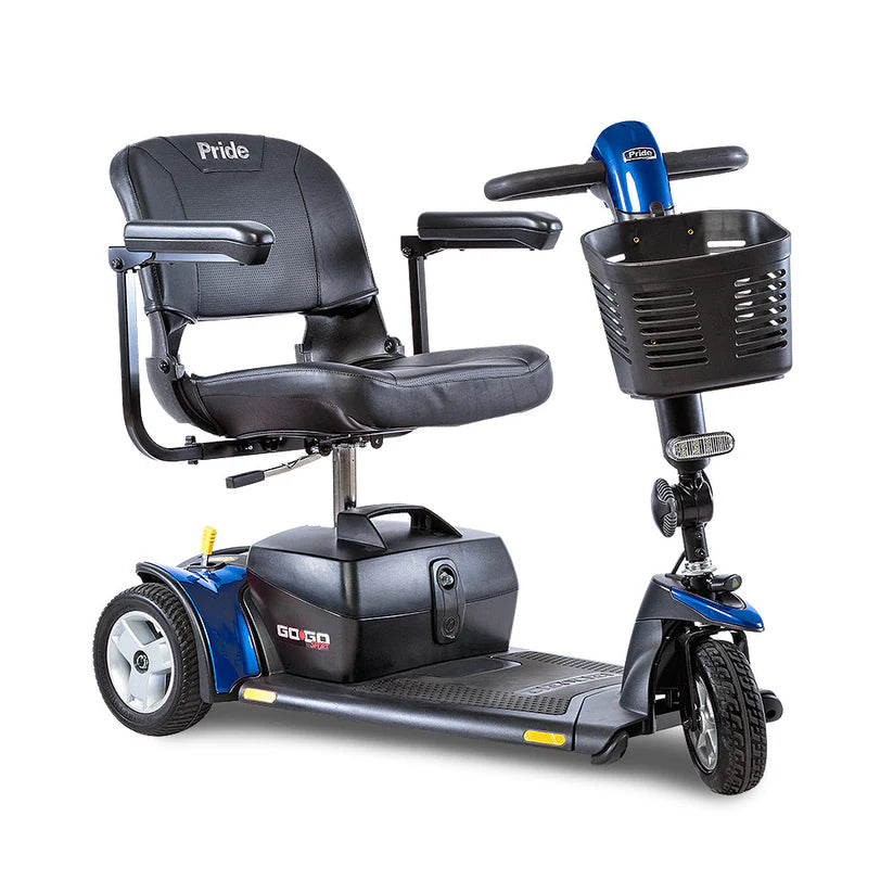 Pride Mobility Go Go Sport 3-Wheel Mobility Scooter in blue with black seat & front basket