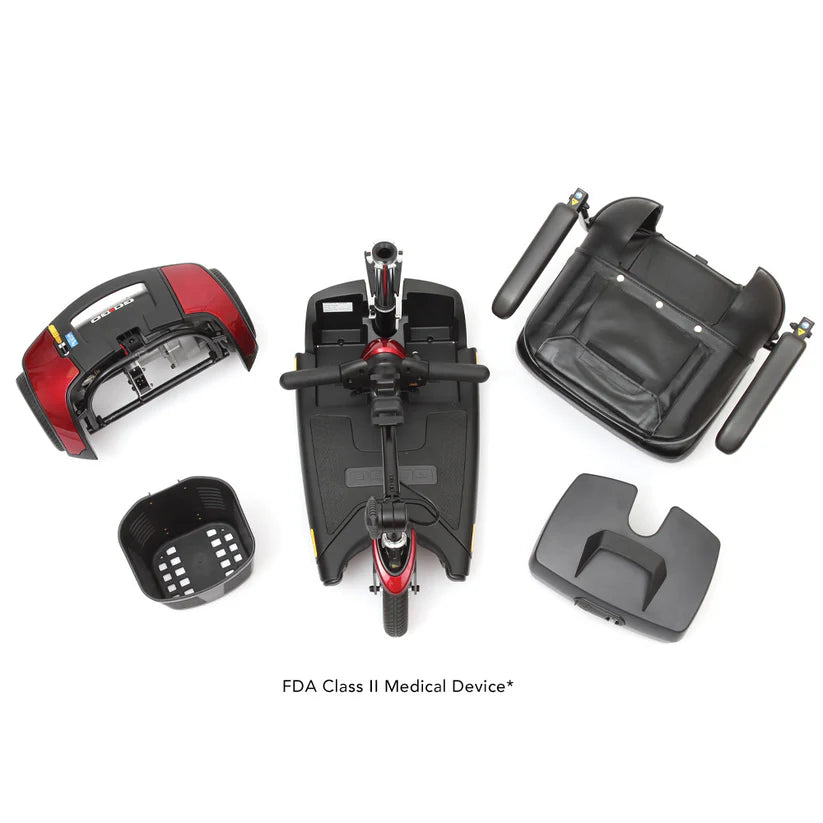 Disassembled Pride Mobility Go Go Sport 3-Wheel Mobility Scooter showing seat, base, basket, & steering components