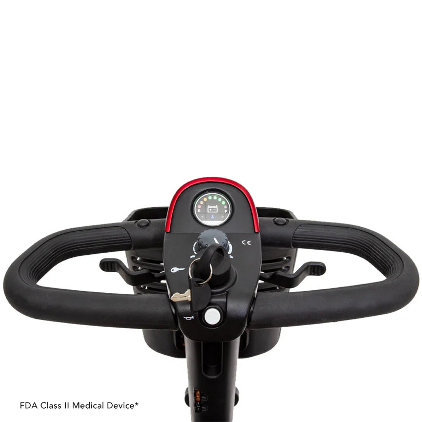 Handlebar and control panel of Pride Mobility Go Go Sport 3-Wheel Mobility Scooter with key ignition