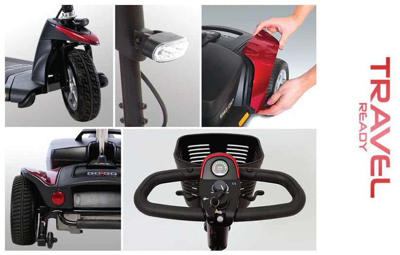 Go Go Sport 3-Wheel Mobility Scooter close-up detail showing front wheel, headlight, removable panel, rear wheel, & control handle