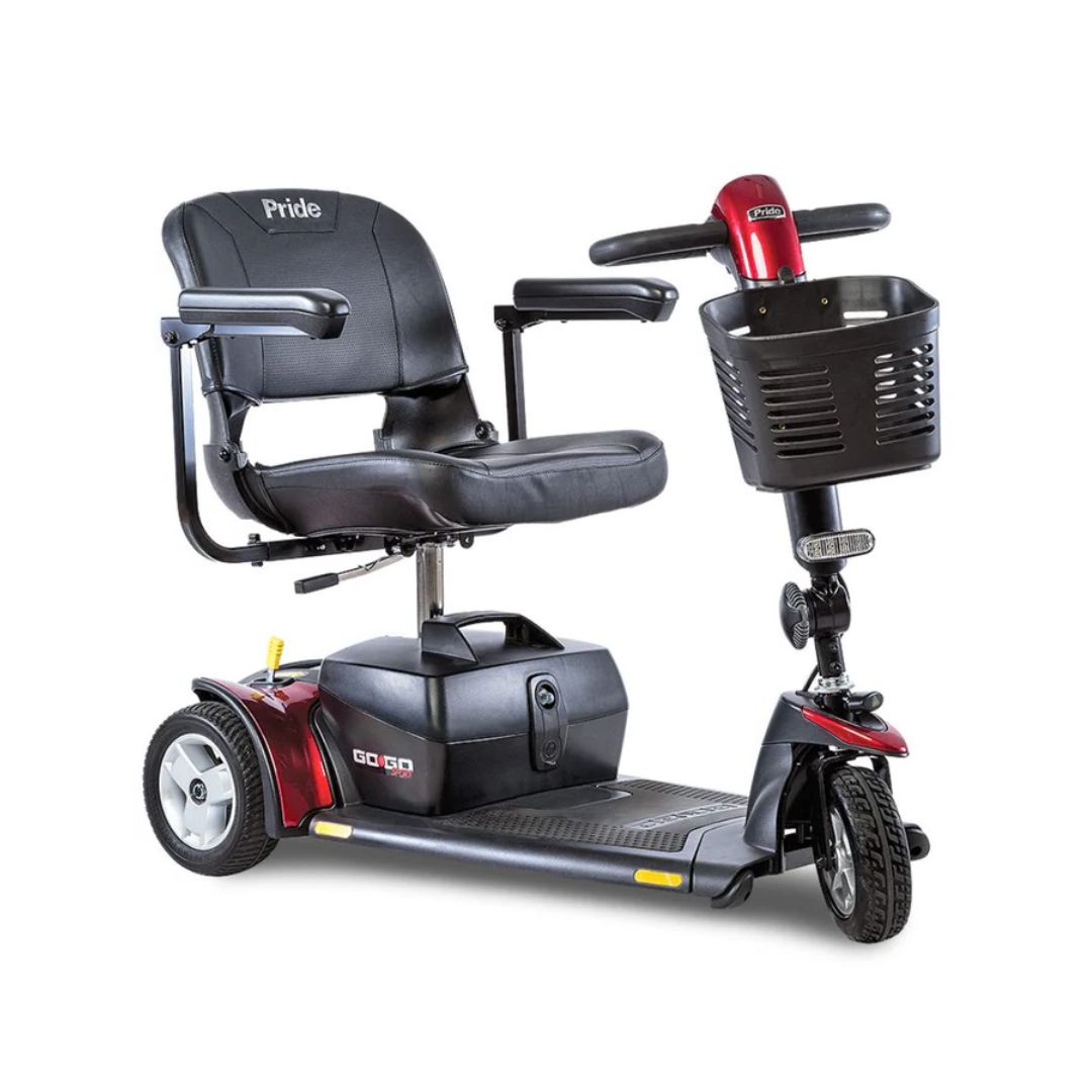 Pride Mobility Go Go Sport 3-Wheel Mobility Scooter in black and red with comfortable seat & front basket