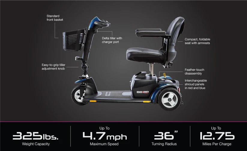 Pride Mobility Go Go Sport 3-Wheel Mobility Scooter with front basket & foldable seat shown with specifications