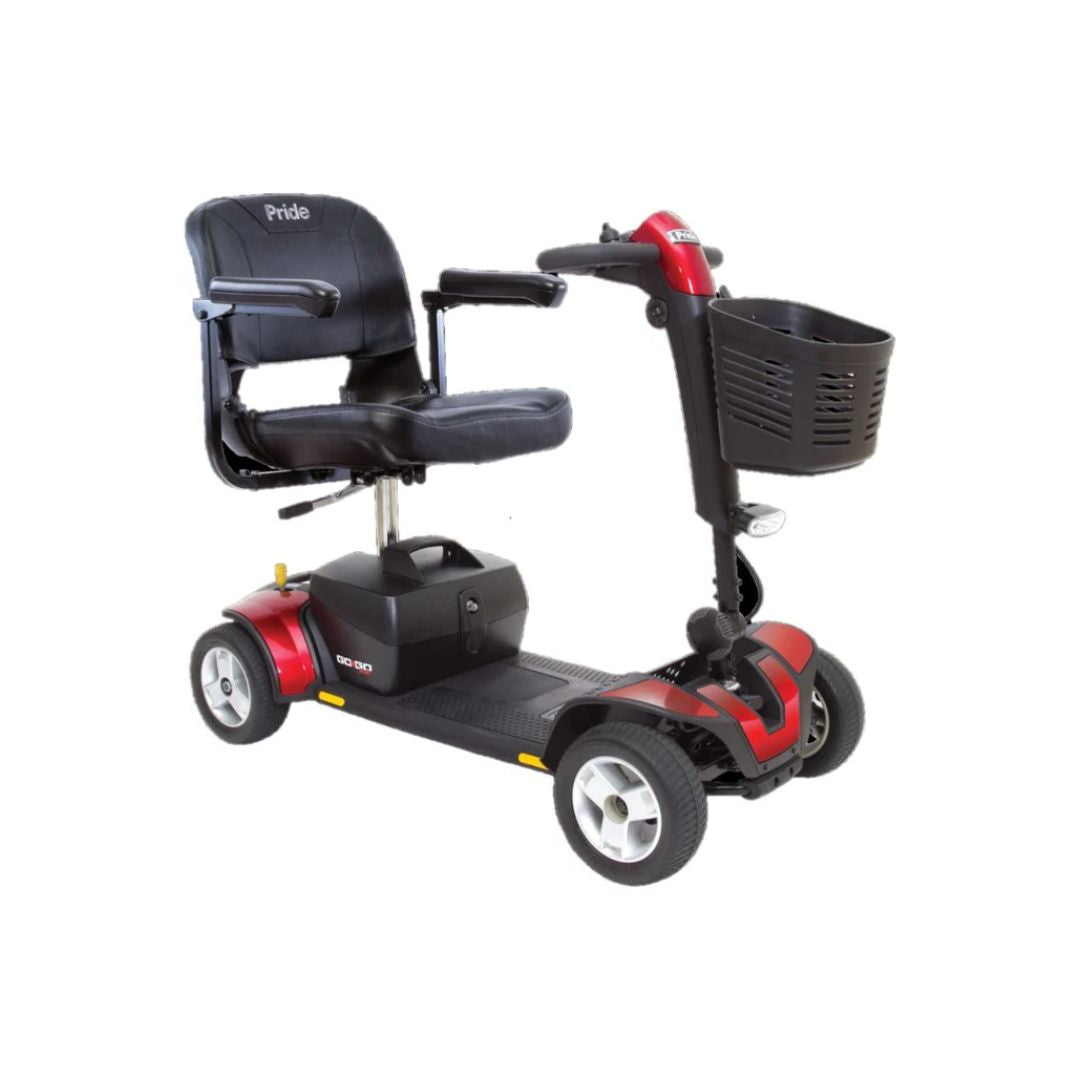 Pride Mobility Go-Go Sport 4 Wheel electric mobility scooter with black seat and red frame