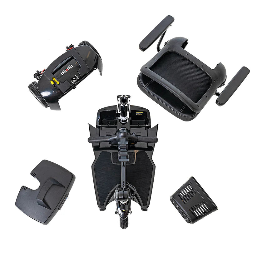 Disassembled Go Go Ultra X 3 Wheel mobility scooter parts from Pride Mobility displayed on a white background