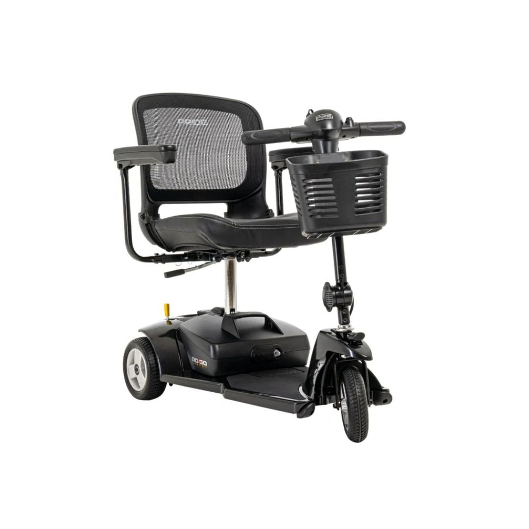 Pride Mobility Go Go Ultra X 3 Wheel black mobility scooter with front basket and mesh back seat