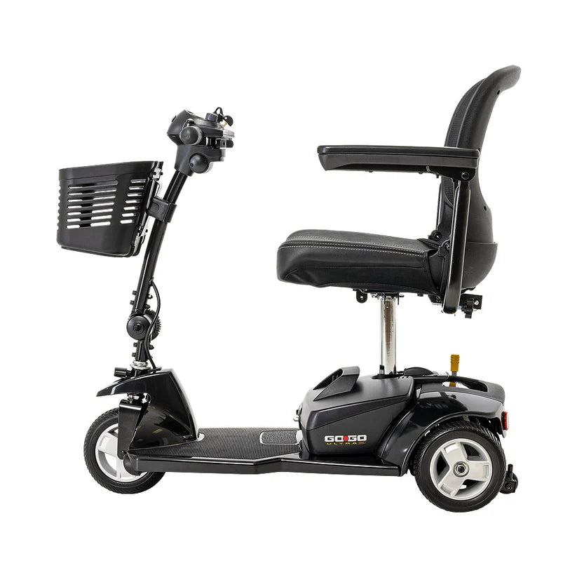 Pride Mobility Go Go Ultra X 3 Wheel mobility scooter in black with padded seat and front basket