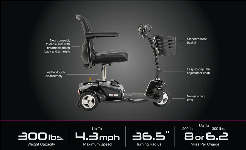 Pride Mobility Go Go Ultra X 3 Wheel mobility scooter with foldable seat and front basket