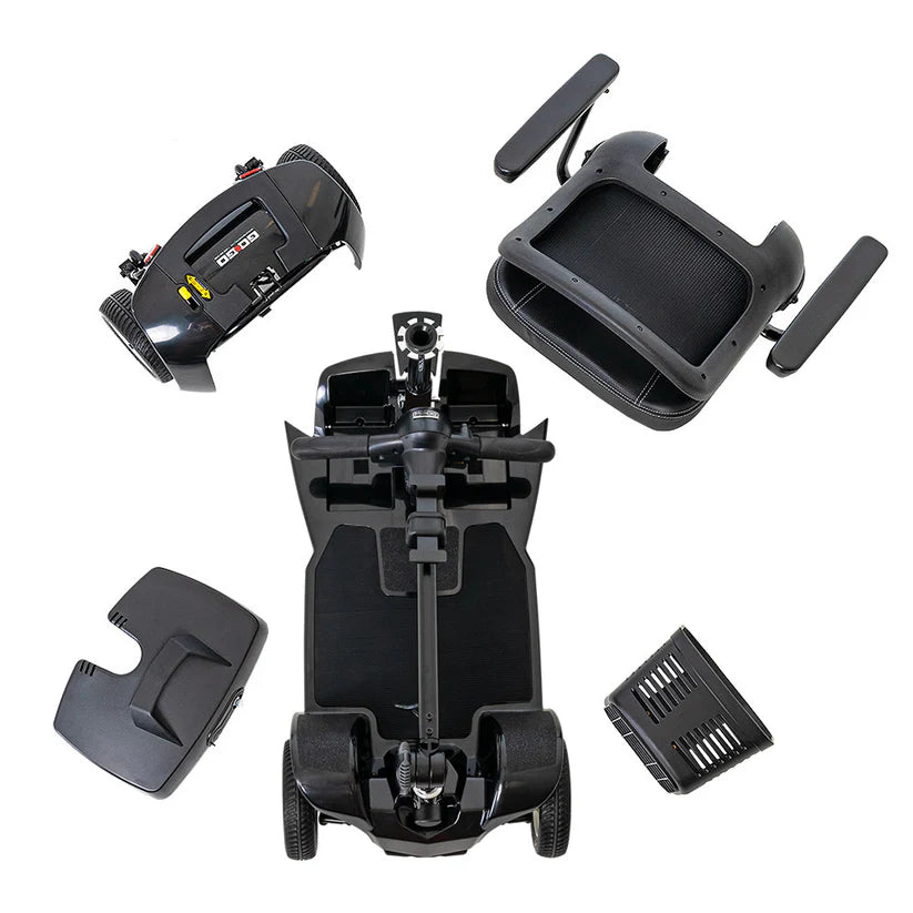 Disassembled Go Go Ultra X 4 Wheel Mobility Scooter by Pride Mobility showing all parts and components