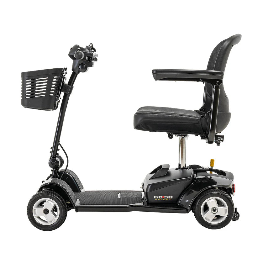 Pride Mobility Go Go Ultra X 4 Wheel Mobility Scooter in black with adjustable seat and front basket