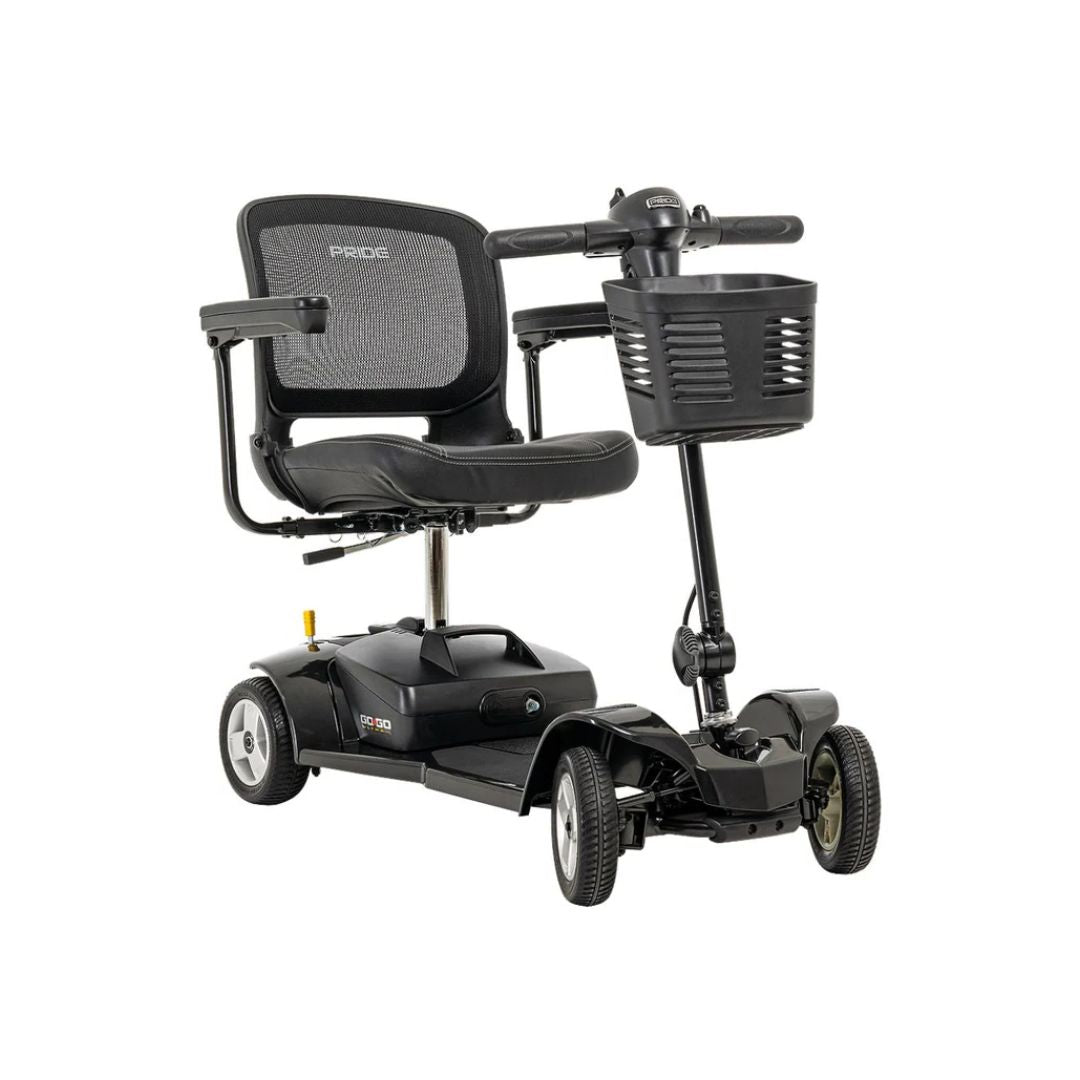 Pride Mobility Go Go Ultra X 4 Wheel Mobility Scooter in black with mesh seat and front basket