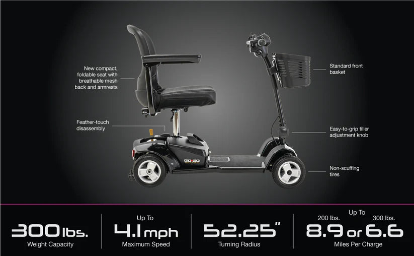 Pride Mobility Go Go Ultra X 4 Wheel Mobility Scooter with foldable seat non-scuffing tires and basket