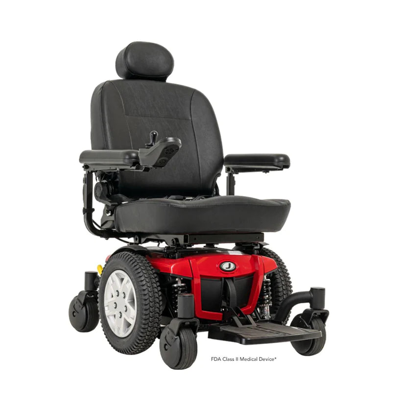 Pride Jazzy 600 ES Power Chair in black with red base featuring cushioned seating and adjustable controls