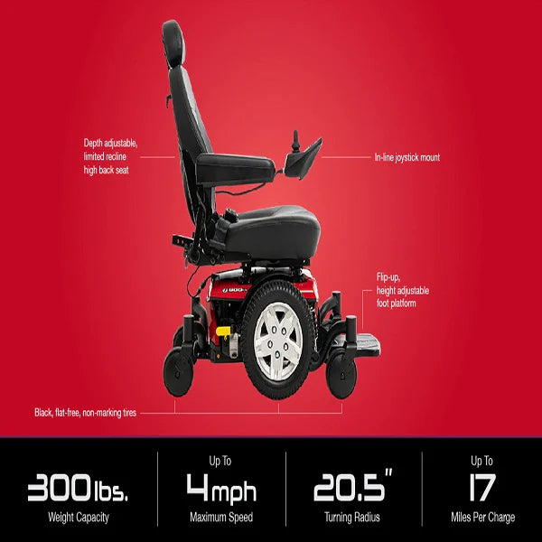 Pride Jazzy 600 ES Power Chair side view with adjustable high back seat and joystick on red background